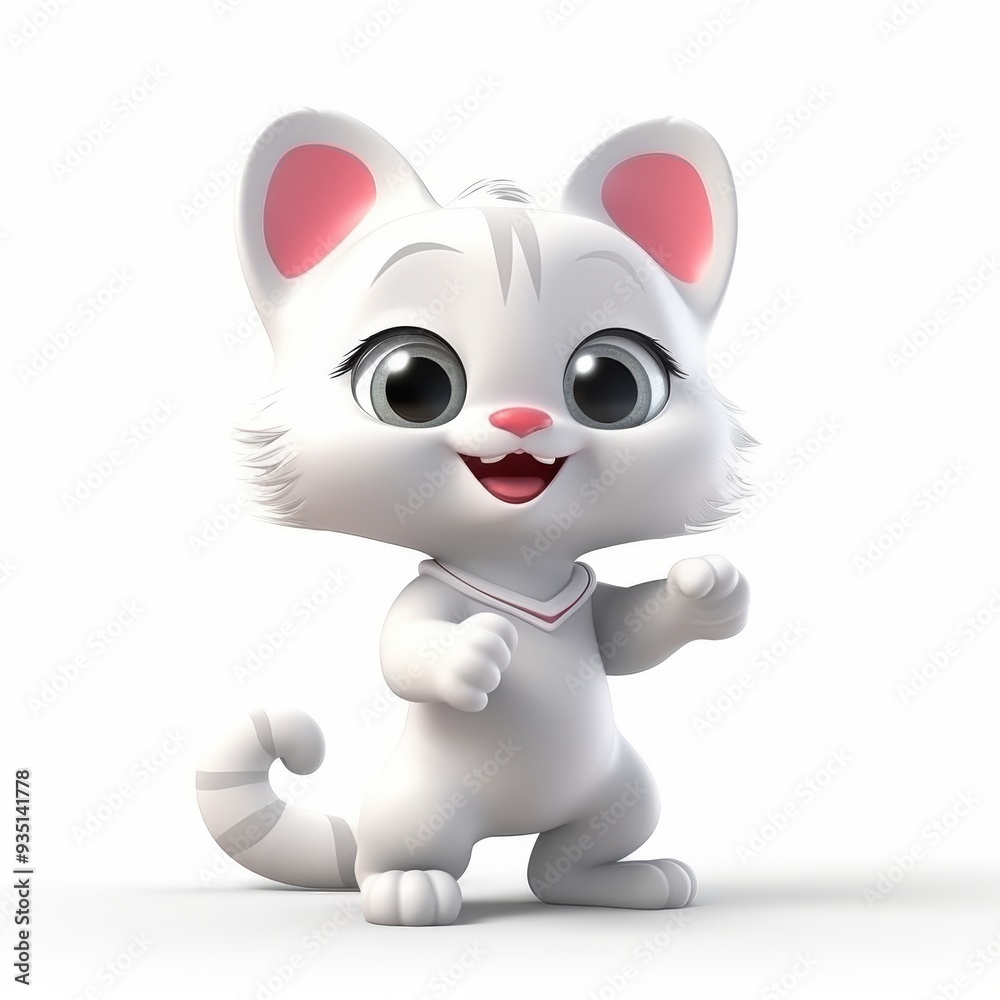 Naklejka premium Cute Animated White Kitten Illustration with Big Eyes, Pink Ears, and Happy Smile - Perfect for Children's Content and Merchandise