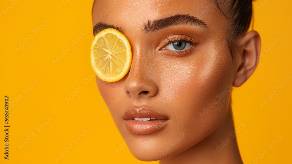 A woman with a sliced lemon on her left eye and half on her right cheek A woman with a sliced lemon on her left eye and half on her right cheek