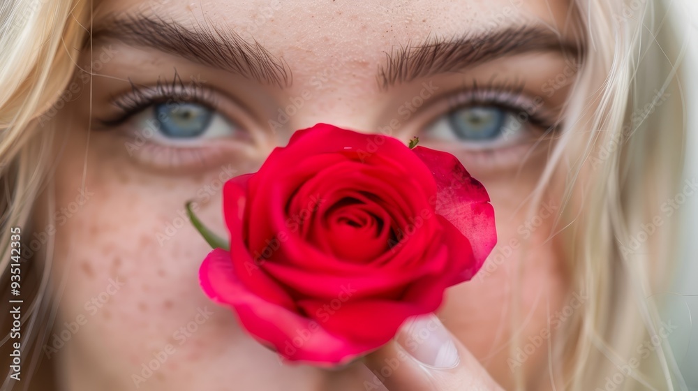 A women holds a red rose close to her face, gazing at it in a tight shot A women holds a red rose close to her face, gazing at it in a tight shot