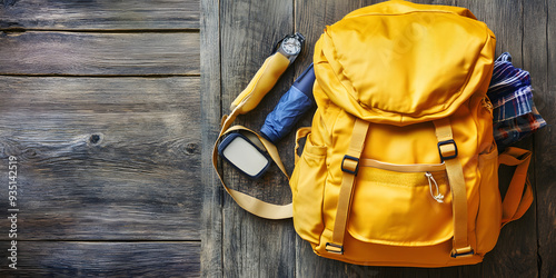 Backpack filled with travel essentials photo