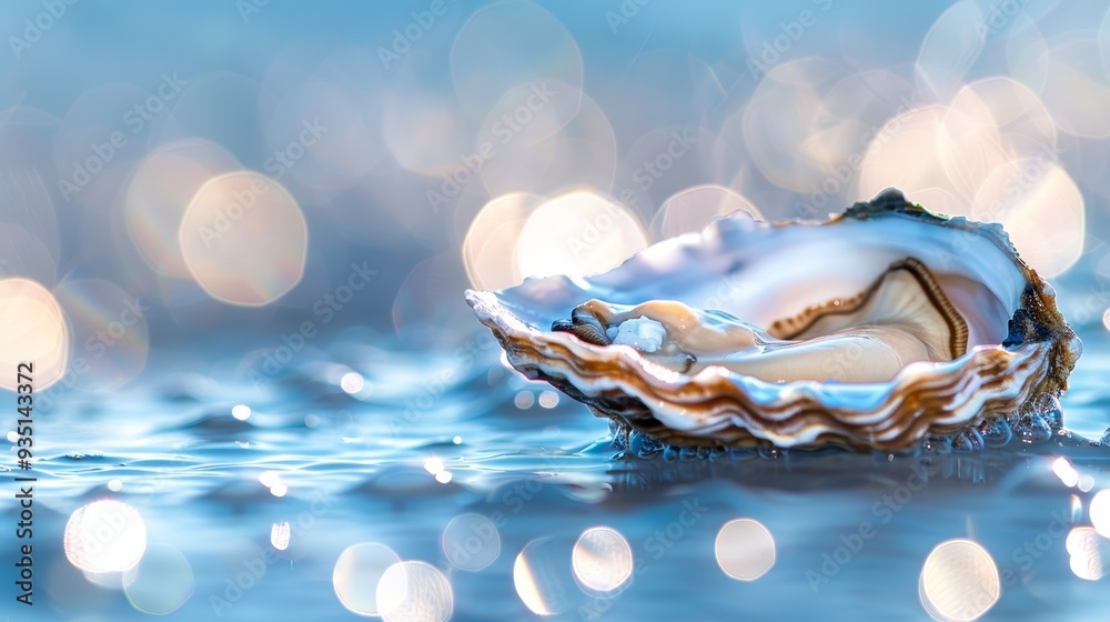 A tight shot of a seashell atop still water, reflecting soft bokeh light A tight shot of a seashell atop still water, reflecting soft bokeh light
