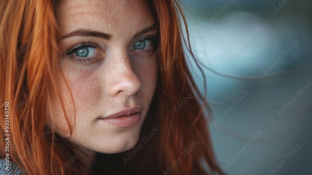 A tight shot of a woman with freckled red hair and penetrating blue eyes gazing into the camera A tight shot of a woman with freckled red hair and penetrating blue eyes gazing into the camera