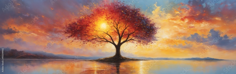 Beautiful tree painting at sunset with vibrant colors, reflectin Beautiful tree painting at sunset with vibrant colors, reflectin
