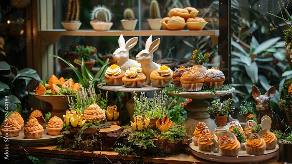 Festive display of muffins yolks rabbits and planters in a themed display