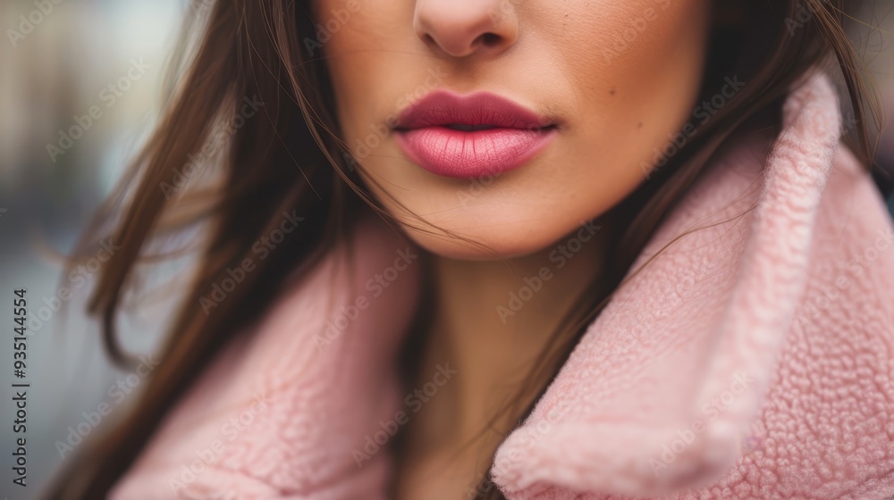 A woman's face, tightly framed Pink towel encircling her neck Hair billows in the wind A woman's face, tightly framed Pink towel encircling her neck Hair billows in the wind