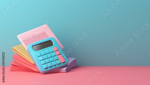 A colorful arrangement of a calculator and pastel notebooks on a vibrant background, symbolizing creativity and productivity.