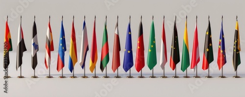 Row of various national flags displayed on poles.