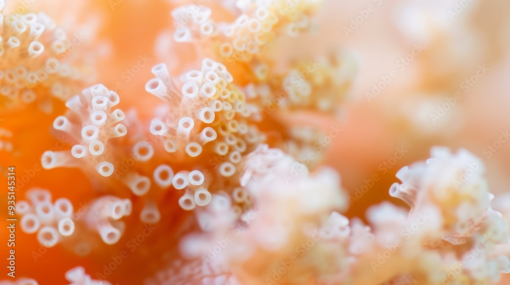 A tight shot of tiny white beads nestled on an orange-yellow bloom, surrounded by a softly blurred backdrop A tight shot of tiny white beads nestled on an orange-yellow bloom, surrounded by a softly blurred backdrop