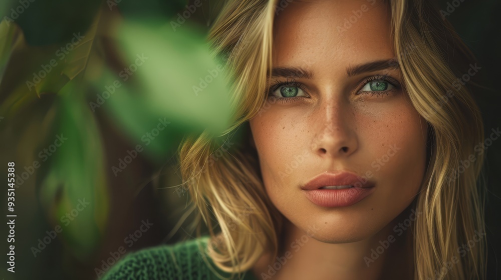 A woman's face in sharp focus, surrounded by green foliage in the background Foreground features a softly blurred duplicate of the same face A woman's face in sharp focus, surrounded by green foliage in the background Foreground features a softly blurred duplicate of the same face