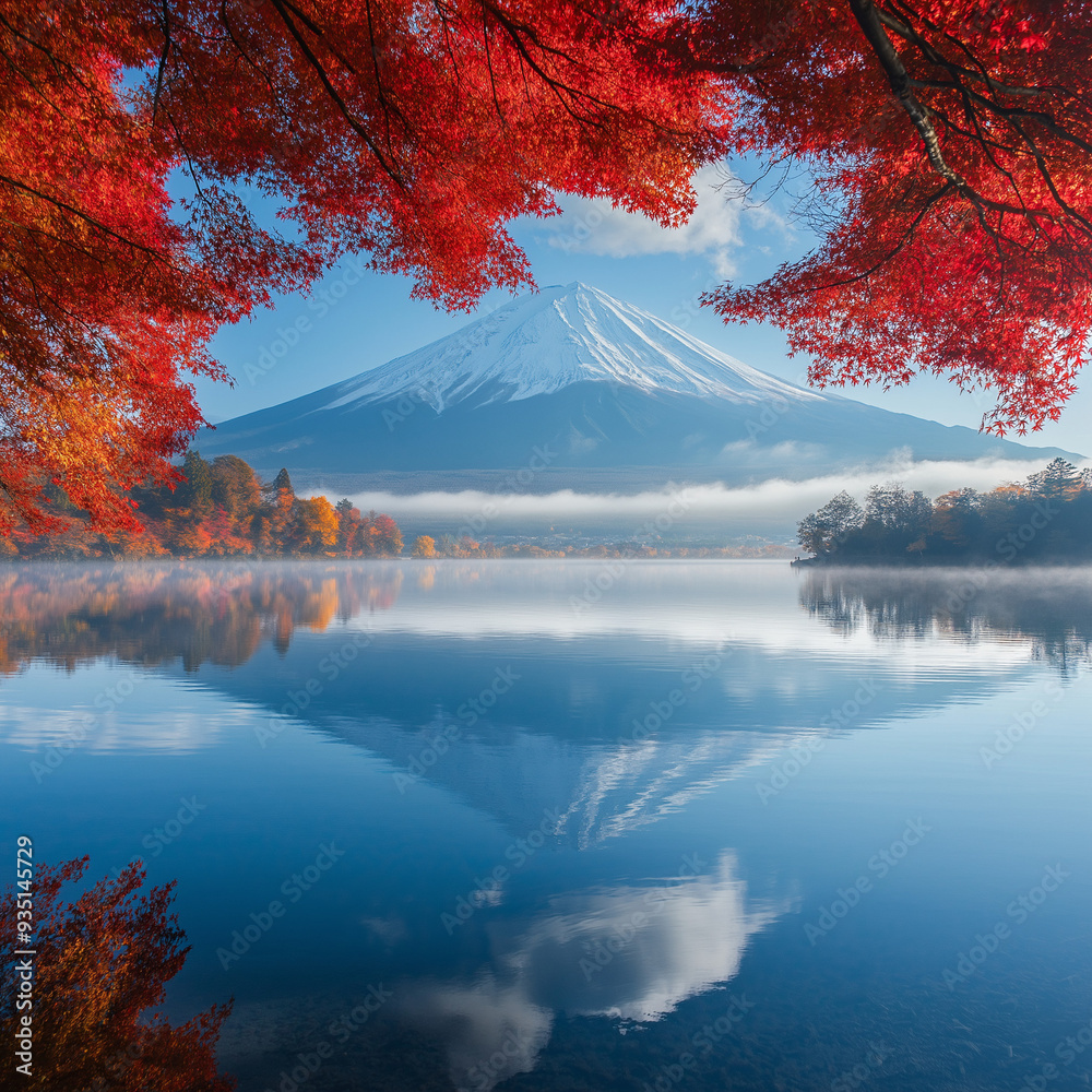 Fototapeta premium Colorful Autumn Season and Mountain Fuji with morning fog and red leaves at lake Kawaguchiko is one of the best places in Japan