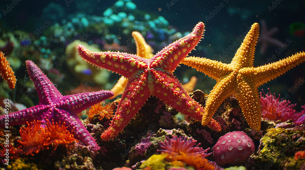 A group of starfish resting on a coral reef A group of starfish resting on a coral reef