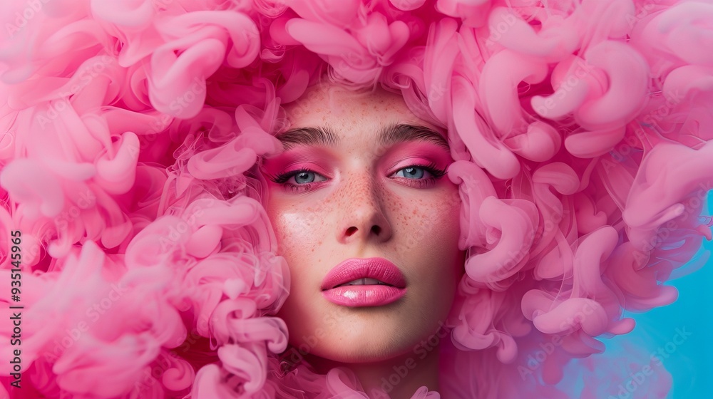 A woman with copious freckles and pink hair flows around her, her locks billowing in the wind A woman with copious freckles and pink hair flows around her, her locks billowing in the wind