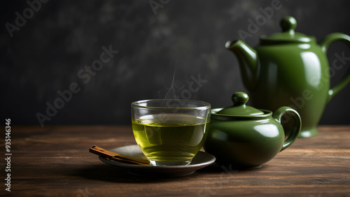 Steaming herbal tea made from fresh peppermint leaves in a glass cup, flowering twigs lying next to it on a wooden table in the garden, dark green background, copy space 