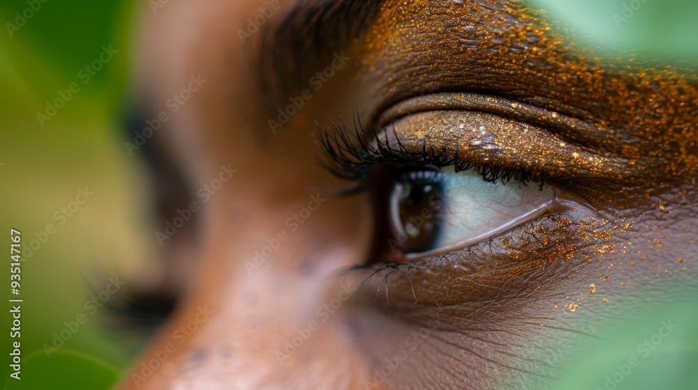 A tight shot of a woman's eye, adorned with golden glitter rimming the outer edge of her iris A tight shot of a woman's eye, adorned with golden glitter rimming the outer edge of her iris