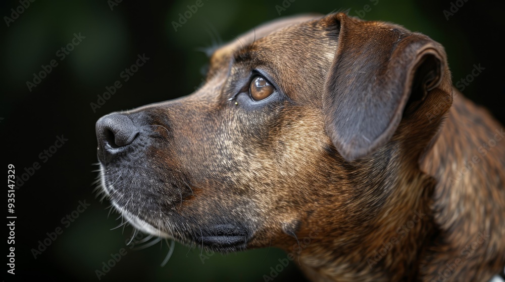 A tight shot of a canine gazing into the distance, surrounded by a hazy backdrop of trees A tight shot of a canine gazing into the distance, surrounded by a hazy backdrop of trees