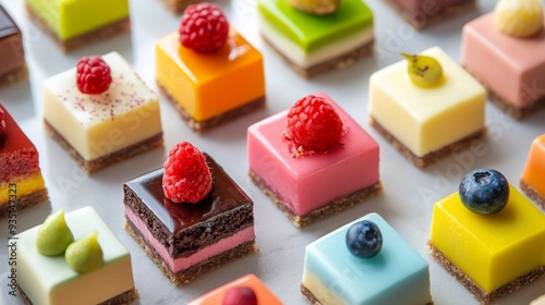 The image is a vibrant and appetizing close-up of assorted petit fours, each meticulously crafted and presented. The tiny cakes are topped with glossy, colorful glazes, some clear and shimmering photo