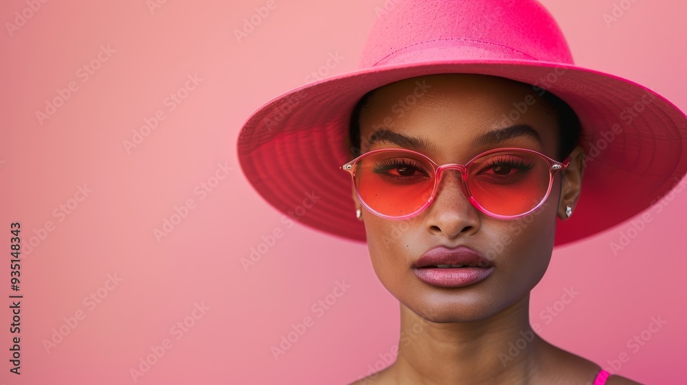 A tight shot of someone donning a pink hat and pink sunglasses against a pink backdrop A tight shot of someone donning a pink hat and pink sunglasses against a pink backdrop