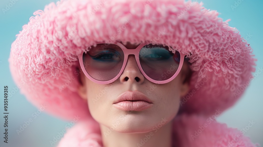 A woman wearing a pink hat with sunglasses and a pink pom-pom atop her head A woman wearing a pink hat with sunglasses and a pink pom-pom atop her head