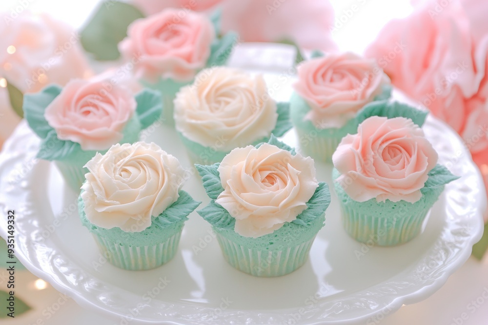 Elegant rose cupcakes on white platter for sophisticated tea time Elegant rose cupcakes on white platter for sophisticated tea time