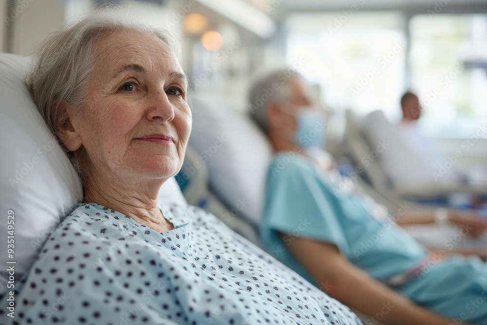 Obraz premium Senior woman recovering in hospital bed with hopeful expression