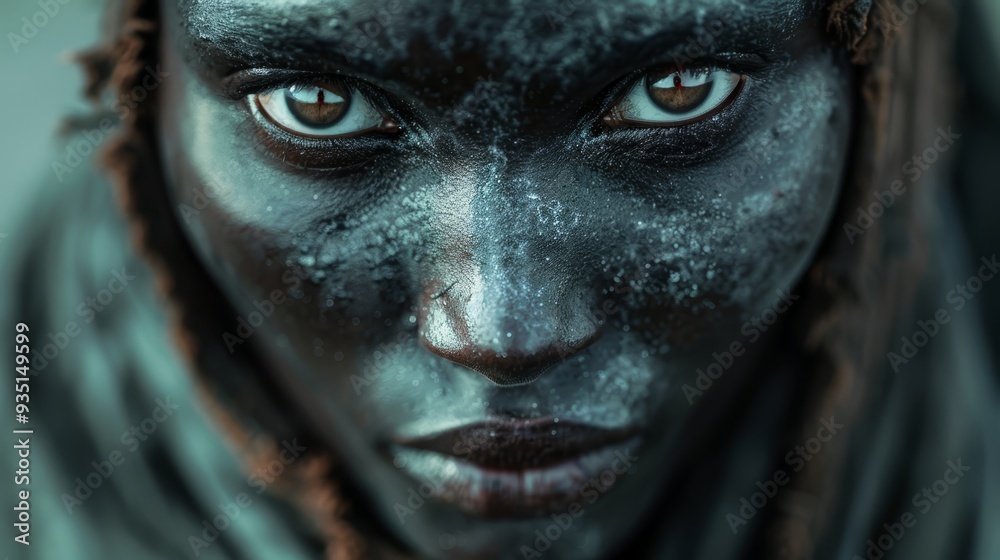 A tight shot of a person's face, adorned with copious amounts of black paint, and swathed in a scarf around the neck A tight shot of a person's face, adorned with copious amounts of black paint, and swathed in a scarf around the neck