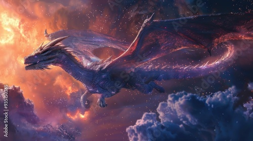 Realistic Dragon with outstretched wings flying in the sky with space nebula photo