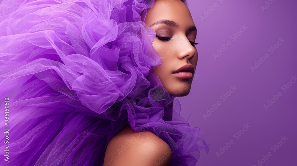 custom made wallpaper toronto digital A woman in a purple dress with a large ruffled skirt overhead, her eyes shut