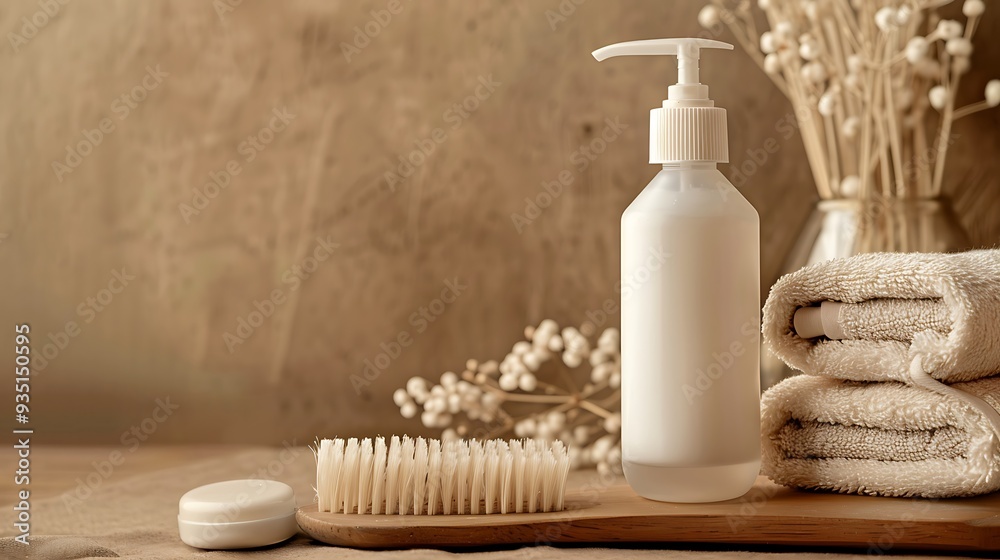 Floss brush and fresh wash in a bottle on a brown background Floss brush and fresh wash in a bottle on a brown background