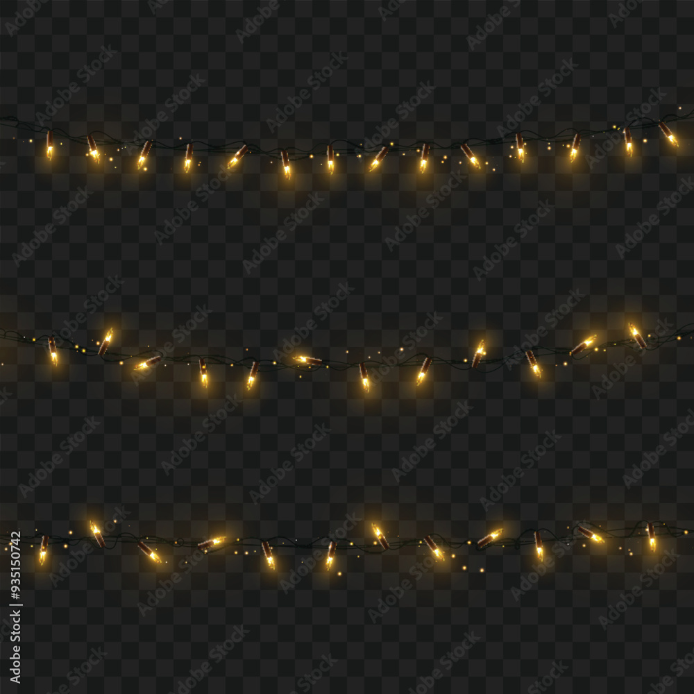 Yellow string lights on dark background, creating a festive ambiance. Vector