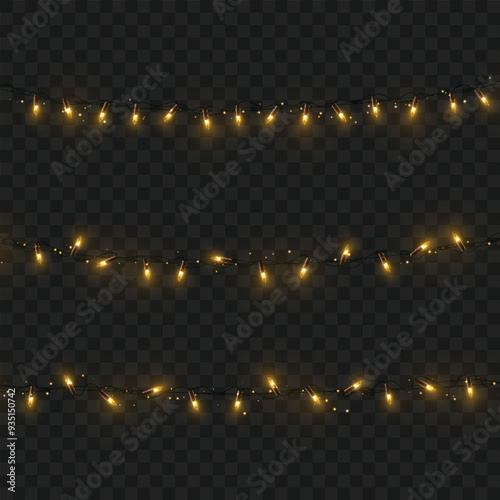 Yellow string lights on dark background, creating a festive ambiance. Vector