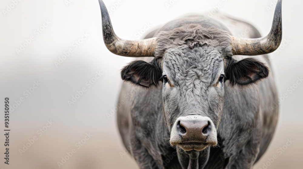 A tight shot of a bull's head, prominently featuring its extended horns, against a hazy backdrop A tight shot of a bull's head, prominently featuring its extended horns, against a hazy backdrop