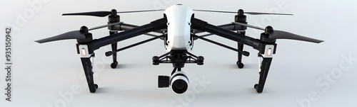 Modern drone with camera isolated on white. 