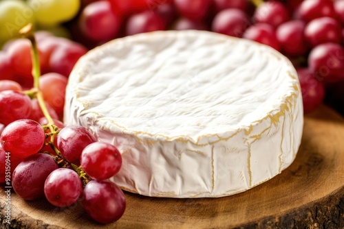 Artisanal brie cheese with fresh red grapes on wooden board photo