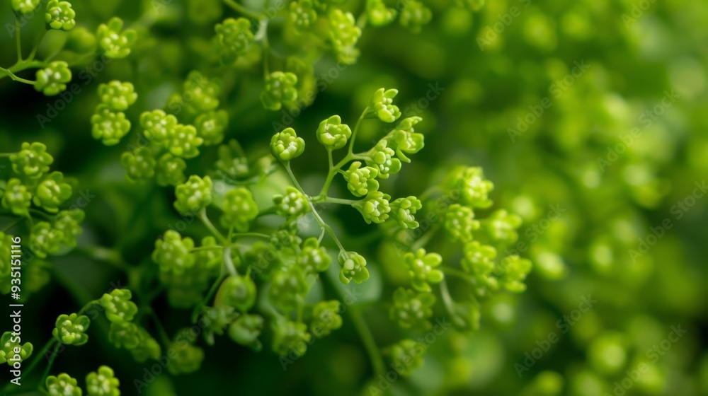 A tight shot of a green plant teeming with minute, green flowers at its core, surrounded by an indistinct, blurred backdrop A tight shot of a green plant teeming with minute, green flowers at its core, surrounded by an indistinct, blurred backdrop