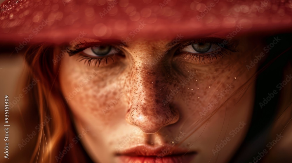  A tight shot of a woman's freckled face wearing a red hat