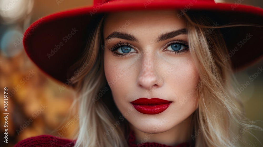 A close-up of a woman wearing a red hat, a red sweater, and applying red lipstick A close-up of a woman wearing a red hat, a red sweater, and applying red lipstick