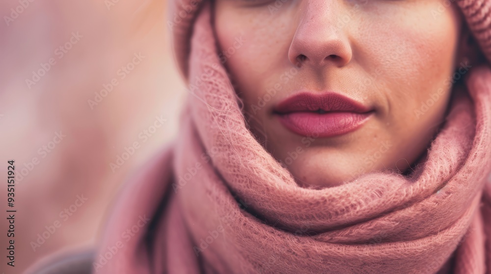 A women in close-up, donned in a pink scarf draped around her neck, and a knitted hat covering her head with an additional scarf secured beneath A women in close-up, donned in a pink scarf draped around her neck, and a knitted hat covering her head with an additional scarf secured beneath