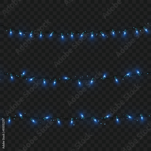 Blue string lights on dark background, creating a festive mood. Vector illustration