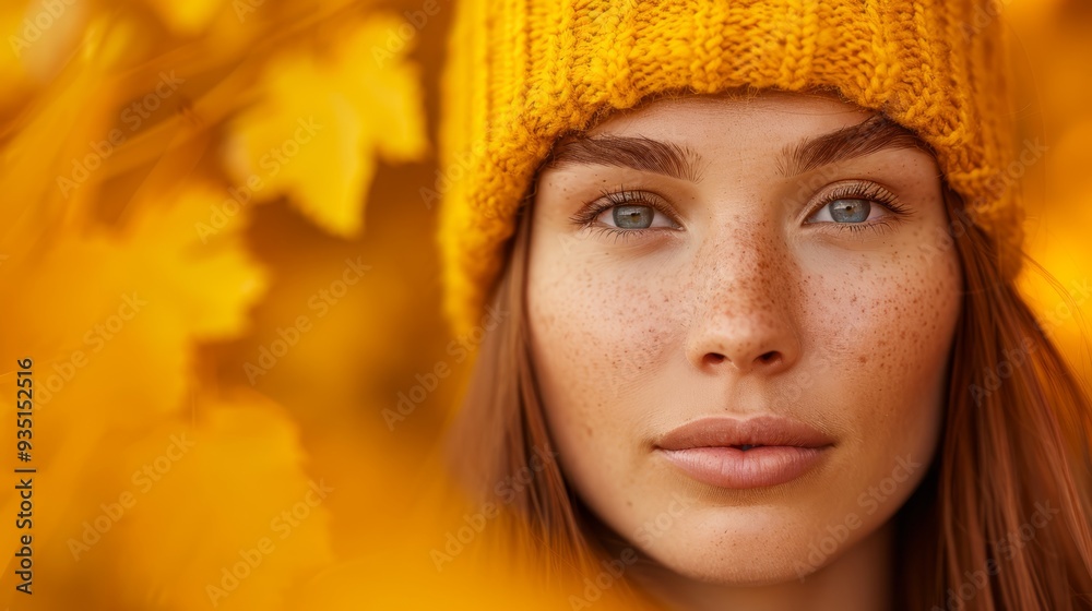 A woman with freckled hair wears a yellow knitted hat, gazing seriously into the camera A woman with freckled hair wears a yellow knitted hat, gazing seriously into the camera
