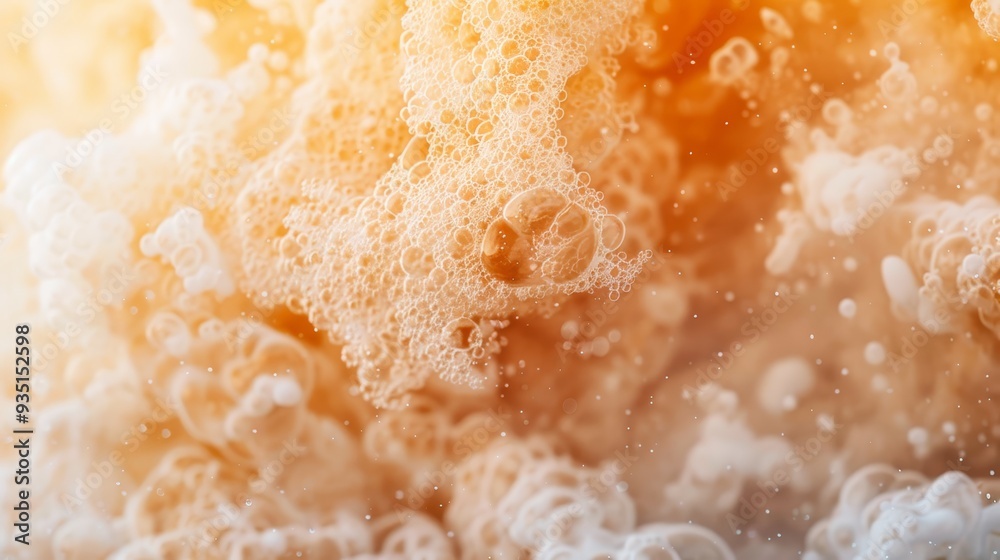 Close-up of soap bubbles on soapy surface Yellow and orange background light Close-up of soap bubbles on soapy surface Yellow and orange background light
