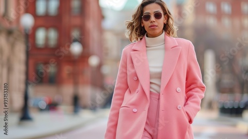  A woman in a pink coat and white turtleneck walks down the street, hands in pockets