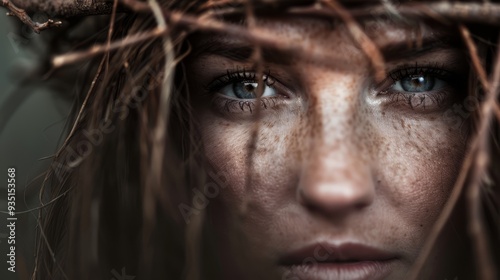 crown of branches atop her head, freckles dotting it