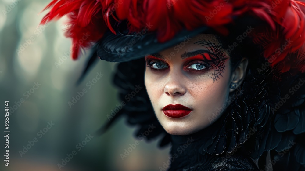 A woman wearing a red and black hat adorned with feathers, her lips painted red A woman wearing a red and black hat adorned with feathers, her lips painted red