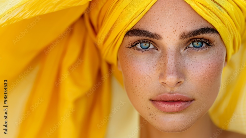 A woman with a yellow turban and freckles, closely framed A woman with a yellow turban and freckles, closely framed