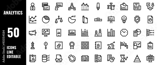 50 Analytics Icons Set Line Editable Vector Illustration