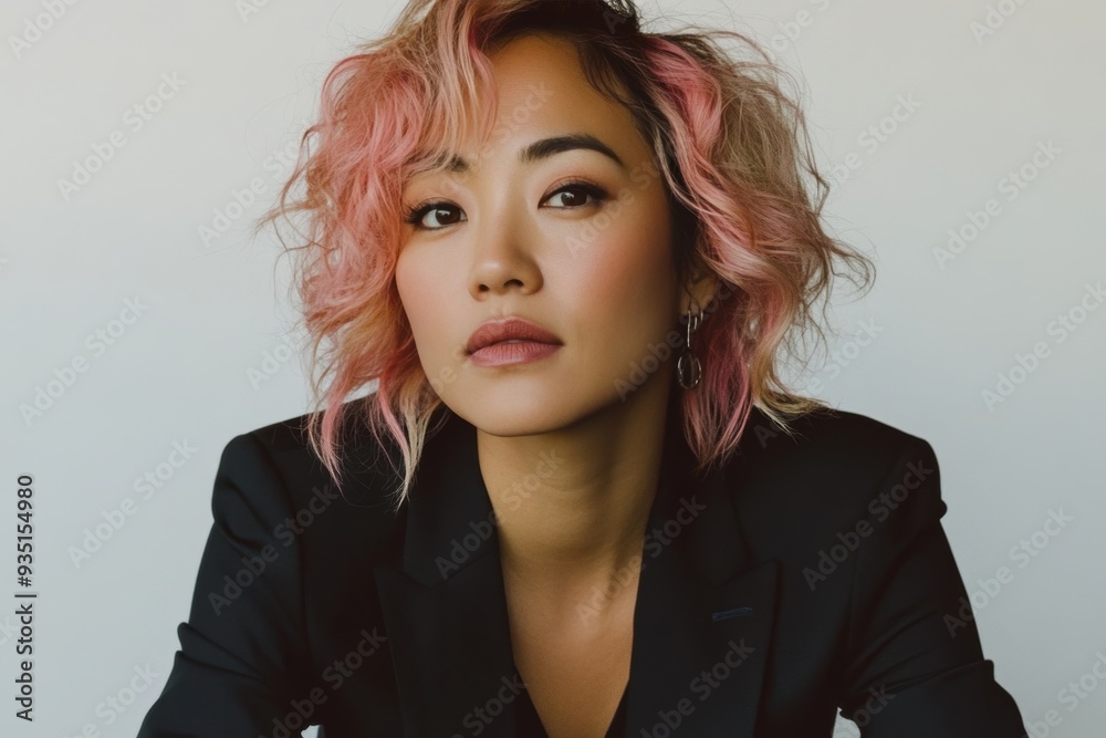 Confident woman with pink hair in professional attire Confident woman with pink hair in professional attire