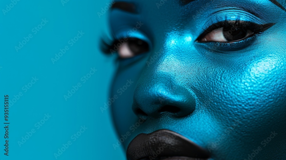 Fototapeta premium A tight shot of a woman's face, adorned with blue paint and bold black lipstick on her lips