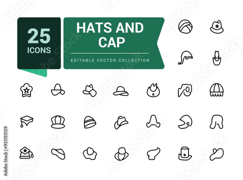 Hats and cap icons set. Including to beanie, bowler, sun visor, and cowboy. Pixel perfect, minimalistic outline icons collection. Editable vector illustration.