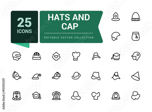 Hats and cap icons set. Including to beanie, bowler, sun visor, and cowboy. Pixel perfect, minimalistic outline icons collection. Editable vector illustration.