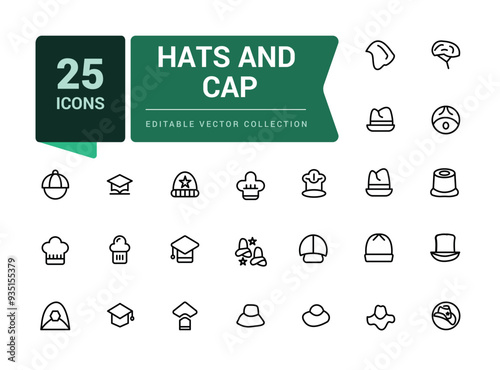Hats and cap icons set. Including to beanie, bowler, sun visor, and cowboy. Pixel perfect, minimalistic outline icons collection. Editable vector illustration.